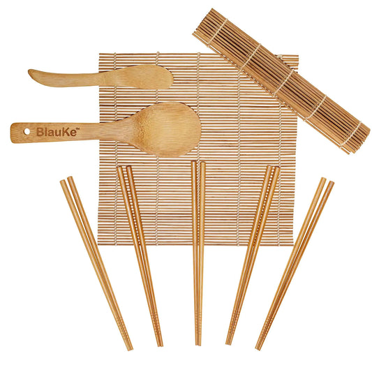 Bamboo Sushi Making Kit with 2 Sushi Rolling Mats, 5 Pairs of Reusable Bamboo Chopsticks, 1 Rice Paddle and 1 Spreader - Beginner Sushi Kit - Piscero Co