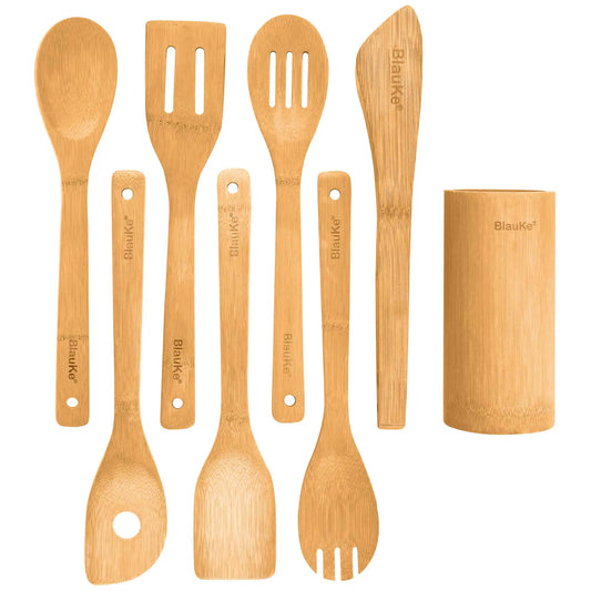 Bamboo Kitchen Utensils Set 8-Pack - Wooden Cooking Utensils for Nonstick Cookware - Wooden Cooking Spoons, Spatulas, Turner, Tongs, Utensil Holder - Piscero Co